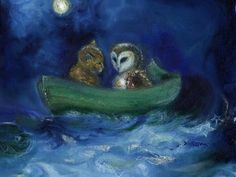 two owls are sitting in a boat on the water with a full moon behind them