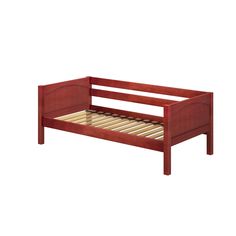 a wooden bed frame with no mattress on top and bottom rails in the middle, against a white background