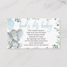 a baby shower book request with an elephant on it's back and blue balloons in the background