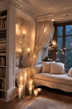 a living room filled with lots of candles next to a window covered in sheer curtains