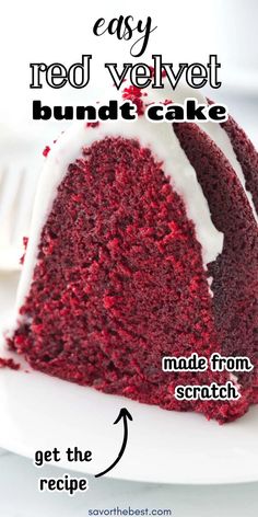 a red velvet bundt cake with white frosting on top and the words, easy red velvet bundt cake made from scratch