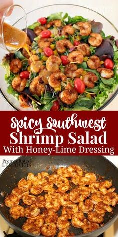 shrimp salad with honey - lime dressing in a skillet and on the stove top