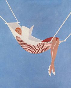 a woman laying in a hammock suspended by strings on a blue sky background