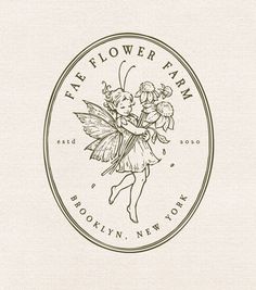 the flower farm logo with a fairy holding flowers in her arms and standing on one leg