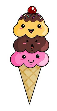 an ice cream cone with three different flavored ice creams on top, and two smiling faces