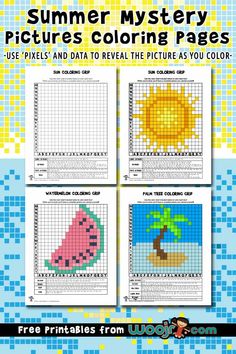 four cross stitch patterns with the text summer mystery pictures coloring pages use pixels and to reveal the picture as you color