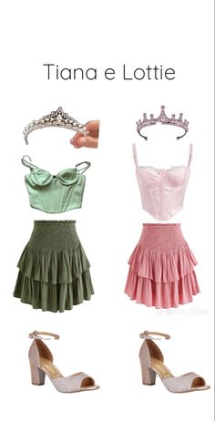 three different types of dresses and shoes with tiara on the top one is pink, green