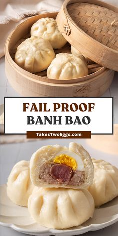 some dumplings are sitting on a plate with the words fail proof banh bao