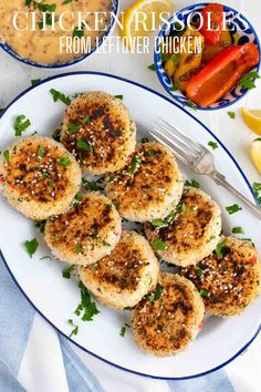 Eight chicken rissoles on a white enamel plate. Side bowls contain honey mustard sauce and roasted peppers. Chicken And Roasted Red Peppers, Chicken Patties, Leftover Chicken