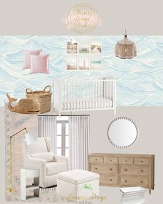 a baby's room with pink and blue accents, including a white crib, dresser