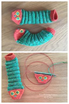 two pictures showing the process of making knitted socks