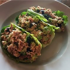 two lettuce wraps with tuna and broccoli on a white platter