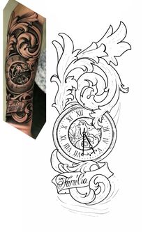 an arm tattoo with a clock on it