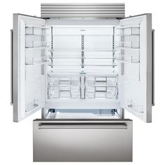 an empty stainless steel refrigerator with its door open and the freezer doors wide open