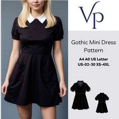 a women's dress with collared neckline and short sleeves is shown in black