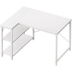 a white table with two shelves on the bottom and one shelf below it for storage