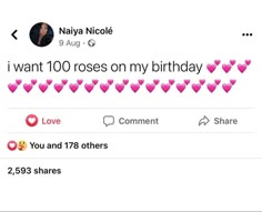 the tweet has hearts on it and says i want 100 roses on my birthday