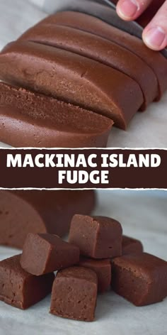 chocolate fudge is being cut into pieces with the words mackinac island fudge above it