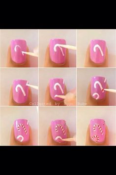 Candy came Nails Christmas Pink, Diy Christmas Nails Easy, Pink Christmas Nail, Art Step By Step, Nail Art Noel, Christmas Nails Diy, Christmas Nail Art Easy, Nail Art For Kids, Nail Art For Beginners