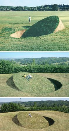 three different views of an open field with people standing on the grass and laying down