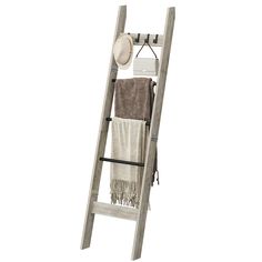 a wooden ladder with towels and hats on it's sides, against a white background