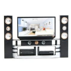 an entertainment center with speakers and a large mirror on the wall above it's doors