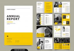 an annual report is shown with yellow and black accents on the front, side and back pages