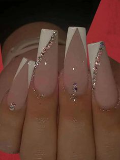 ROMWE 24pcs Long Coffin Rhinestone Decor Fake Nail & 1sheet Tape | SHEIN USA Long Acrylic Nail Designs, French Tip Acrylic Nails, Her Nails, Fake Nails With Glue, Long Acrylic Nails Coffin, Acrylic Nails Coffin Pink, Almond Shape, Long Square Acrylic Nails