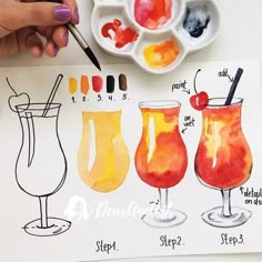 a person is painting three different drinks in watercolor and then using markers on the paper