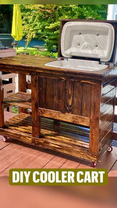 an outdoor cooler cart made out of pallet wood