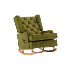 a green rocking chair with buttons on the back and arm rests in front of a white background