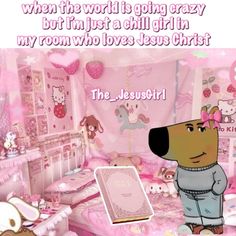 there is a cartoon dog in the room with pink walls and decorations on the wall