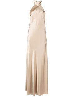 champagne gold-tone silk satin finish backless halterneck tie fastening sleeveless long length Uzun Boy, Golden Gown, Kloe Kardashian, Gown Gold, Satin Ball Gown, Michelle Mason, Backless Maxi Dresses, Yes To The Dress, Halterneck Dress