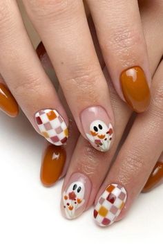 Fall Nails With Checkers, Fall Checkerboard Nails, Checkered Nail Ideas, Checker Nails, Fun Fall Nails, Cute Fall Nail Designs, Construction Nails, Cute Fall Nails, September Nails