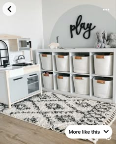 a play kitchen with lots of baskets and toys