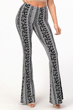 Bear Dance Paisley Bandana Skinny Brushed Pants - Black White – Debra's Passion Boutique Flare Pants Outfit, Paisley Pants, Paisley Bandana, Printed Flare Pants, Flattering Pants, Cute Crop Top, Stylish Pants, Black Espadrilles, Cute Crop Tops