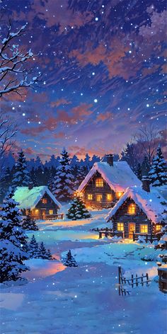 a painting of a snowy cabin at night