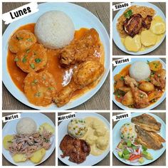 a series of pictures showing different types of food on plates with names in each plate