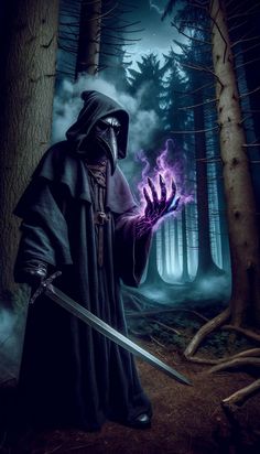 a man in a hooded suit holding a glowing hand