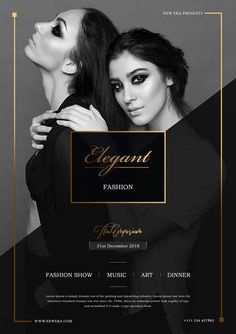 an elegant fashion flyer with two women in black and gold colors, one is holding the other