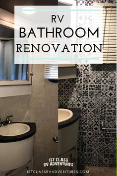 a bathroom renovation with black and white tile