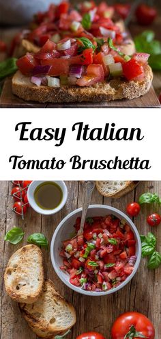 an image of some food that is on top of a wooden table with tomatoes and bread