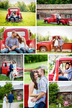 a man and woman are sitting in the bed of an old red pickup truck with their arms around each other