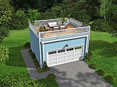 an aerial view of a garage with a balcony