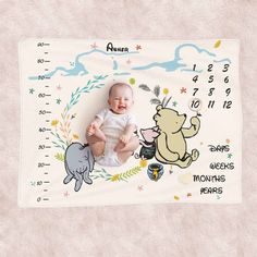 a baby is sitting next to a growth chart with an elephant and rhinoceros on it