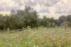 an oil painting of a field with flowers and trees in the background, on a cloudy day