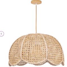 the light fixture is made out of woven material and has a wooden frame on it