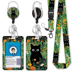 PRICES MAY VARY. 【Unique Design】The cute id badge holder is personalized with its funny design: black cat hiding in spring flowers. Leave behind the simple, stereotypical card clips and upgrade to our fashionable and fun card holder that will add a pop of vivid colors to your cards and keys, breathing new life into your daily routine. 【Multi-functional】The id holder set includes a breakaway and detachable lanyard for keys, a vertical id badge holder and a retractable badge reel with 360 degrees Cute Lanyard, Cute Lanyards, Cute Badge Reel, Cat Hiding, Key Lanyard, School Supply Labels, Keychain Cute, Cat Flowers, Carabiner Clip