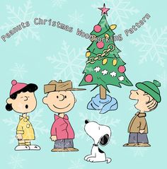 a charlie brown christmas card with three people and a tree