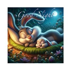 an image of two rabbits sleeping in the grass with good night written on it's side